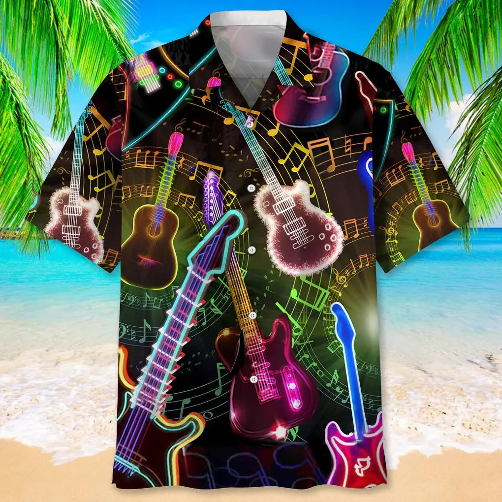 Guitar Light Hawaiian Shirt For Summer Vacation, Beach Travel, And Casual Wear