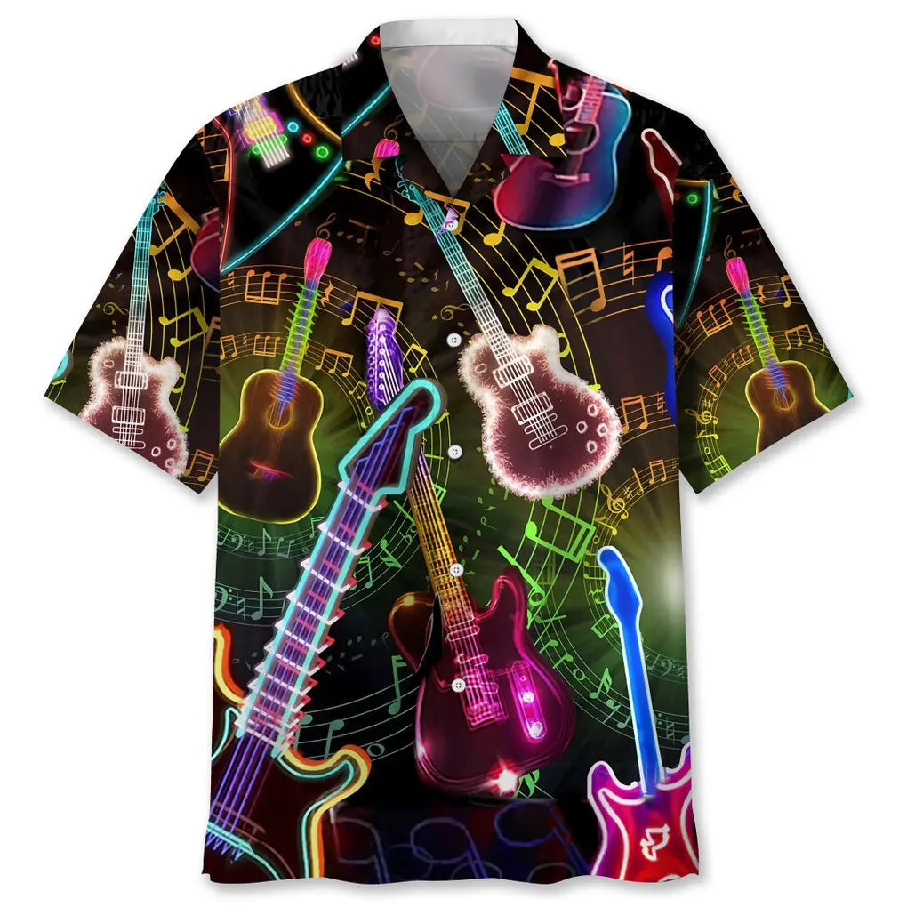 Guitar Light Hawaiian Shirt For Summer Vacation, Beach Travel, And Casual Wear