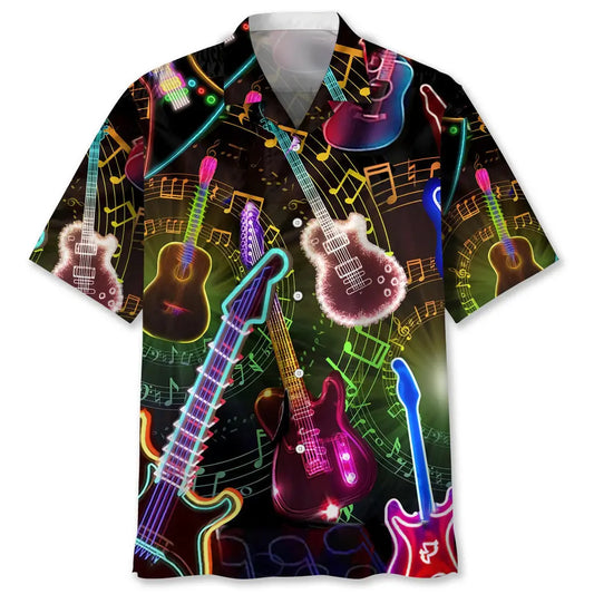 Guitar Light Hawaiian Shirt For Summer Vacation, Beach Travel, And Casual Wear