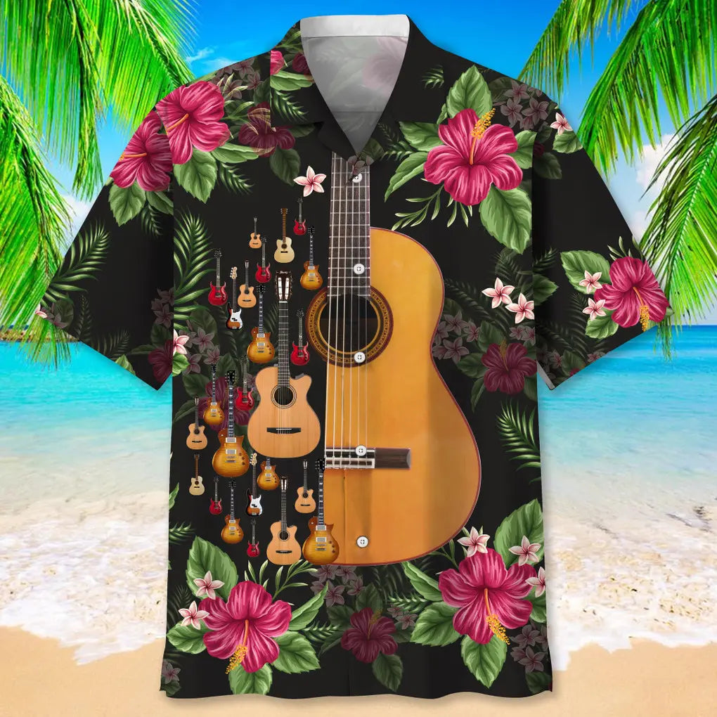 Tropical Guitar Nature Hawaiian Shirt For Tropical Holidays, Outdoor Gatherings, And Everyday Comfort
