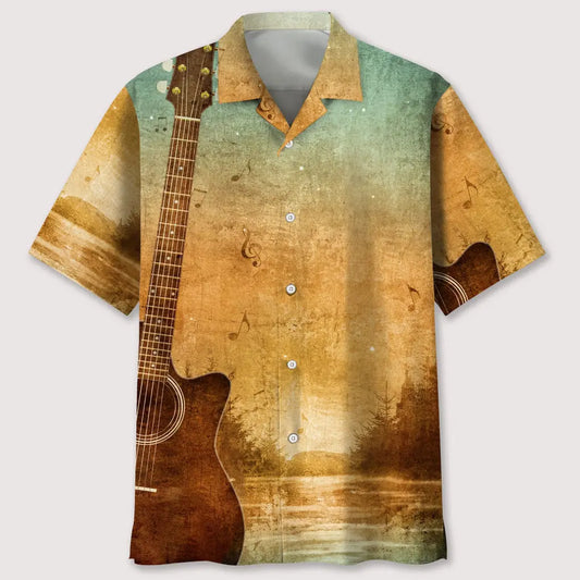 Guitar Parchment Texture Hawaiian Shirt For Creative Performers, Coastal Trips, And Casual Everyday Wear