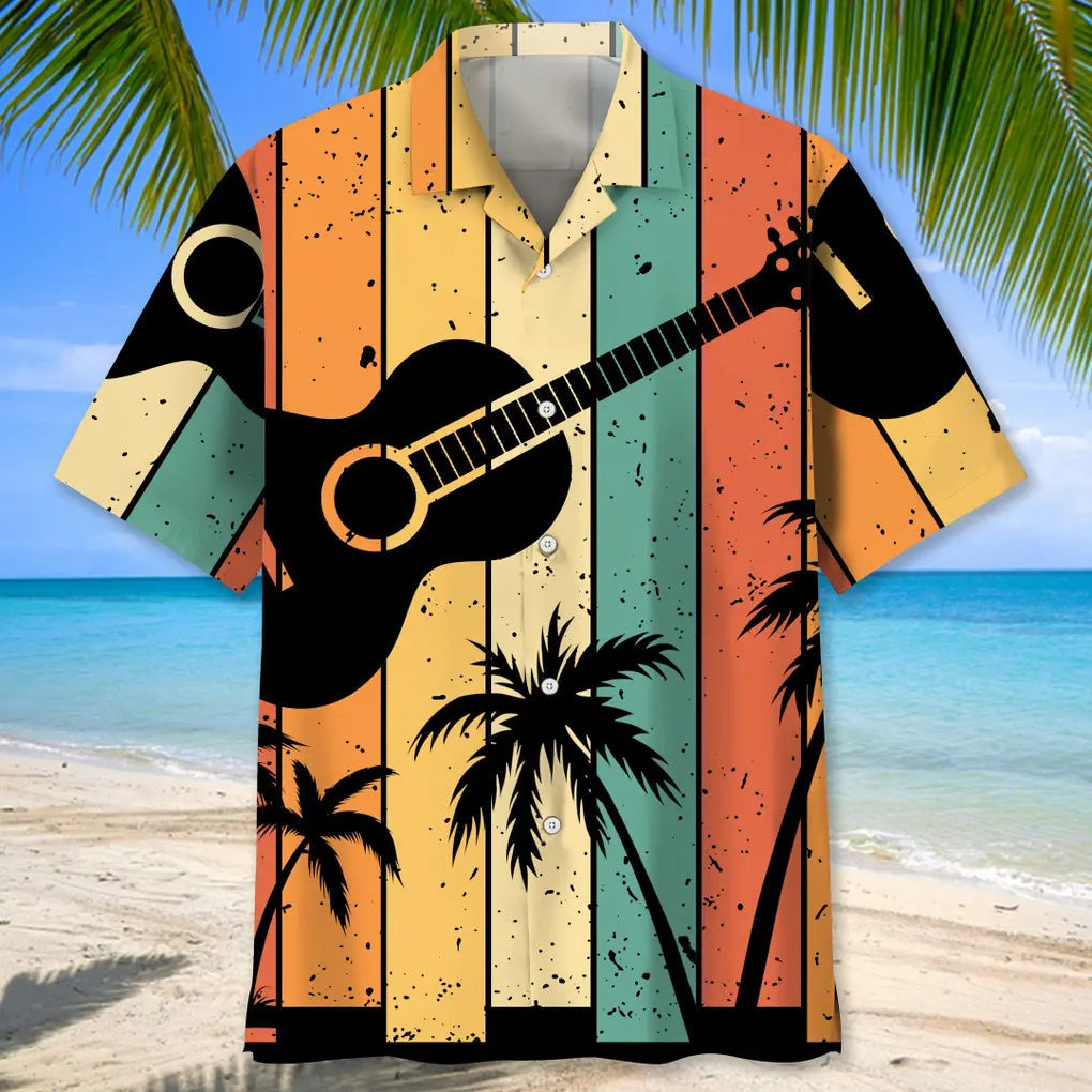 Retro Guitar Pattern Hawaiian Shirt For Festival Travel, Beach Gatherings, And Relaxed Summer Style