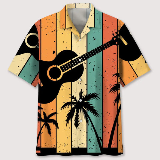 Retro Guitar Pattern Hawaiian Shirt For Festival Travel, Beach Gatherings, And Relaxed Summer Style