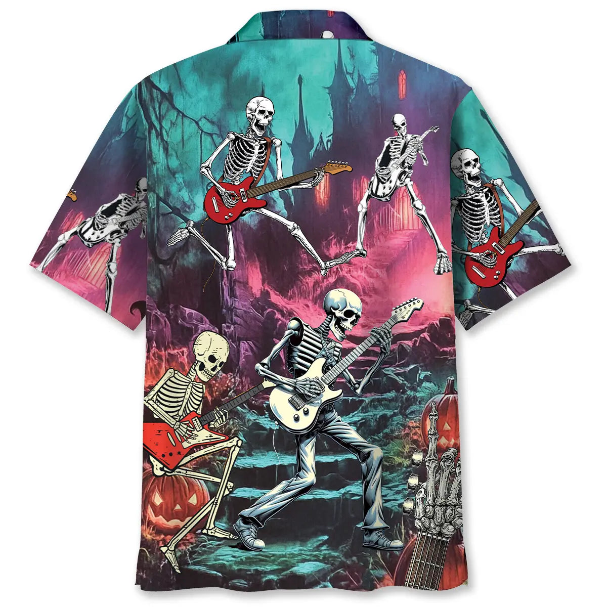 Halloween Guitar Skeleton Hawaiian Shirt For Summer Vacation, Beach Travel, And Casual Wear