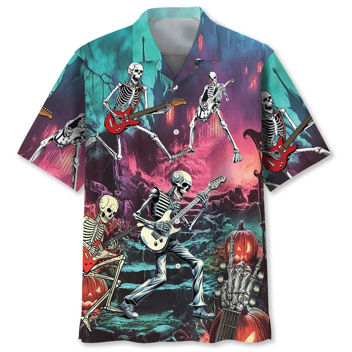 Halloween Guitar Skeleton Hawaiian Shirt For Summer Vacation, Beach Travel, And Casual Wear