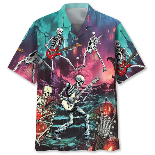 Halloween Guitar Skeleton Hawaiian Shirt For Summer Vacation, Beach Travel, And Casual Wear