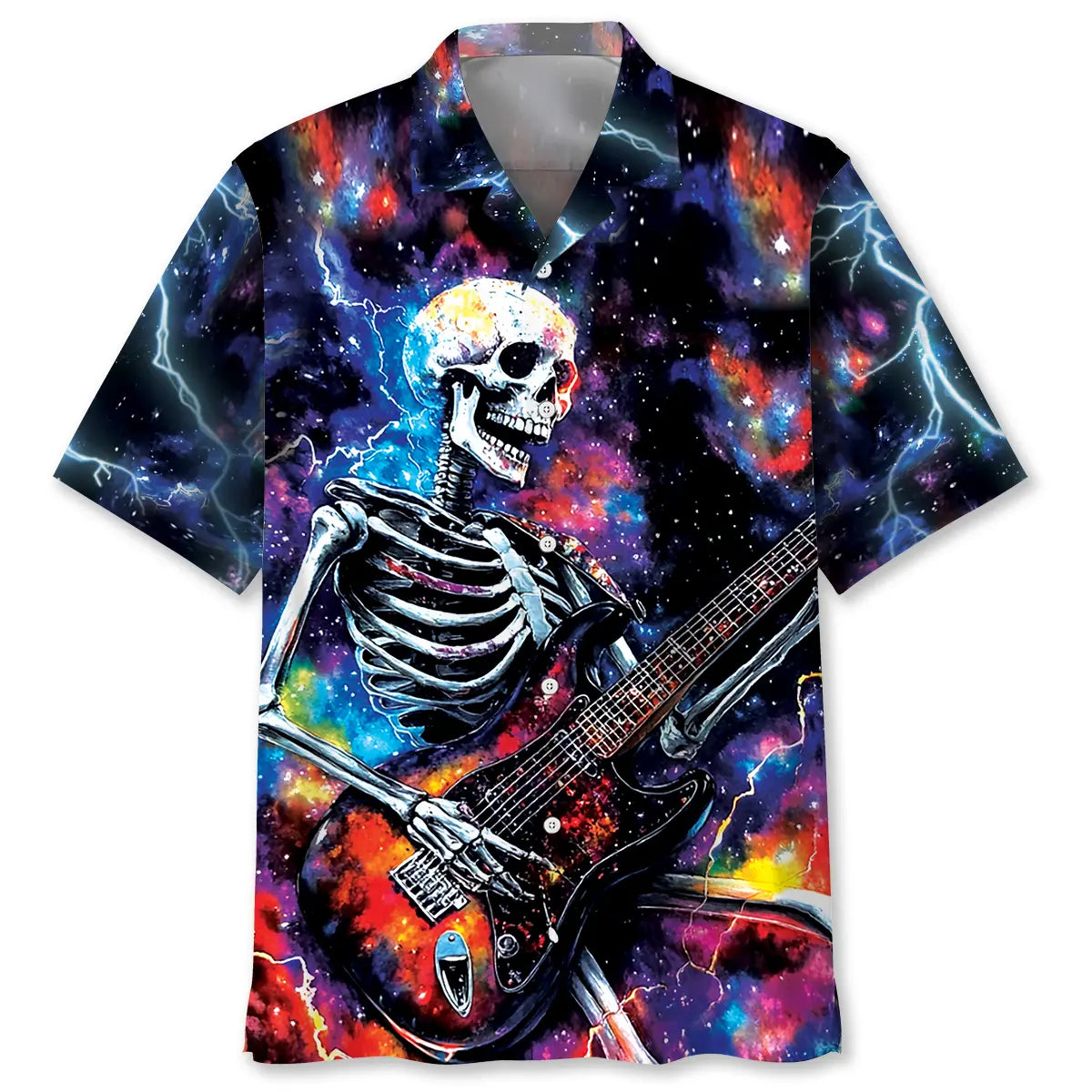 Guitar Skull Lightning Hawaiian Shirt For Tropical Holidays, Outdoor Gatherings, And Everyday Comfort