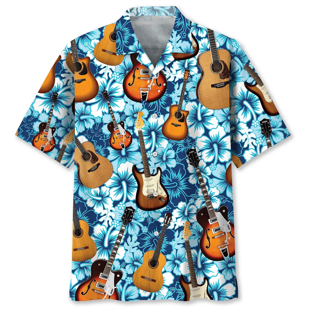 Tropical Guitar Hawaiian Shirt For Festival Travel, Beach Gatherings, And Relaxed Summer Style
