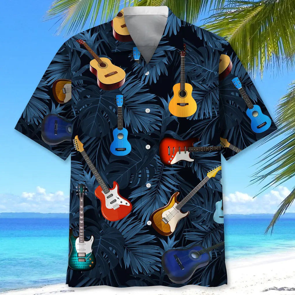 Tropical Guitar Hawaiian Shirt For Coastal Travel, Casual Events, And Comfortable Summer Wear