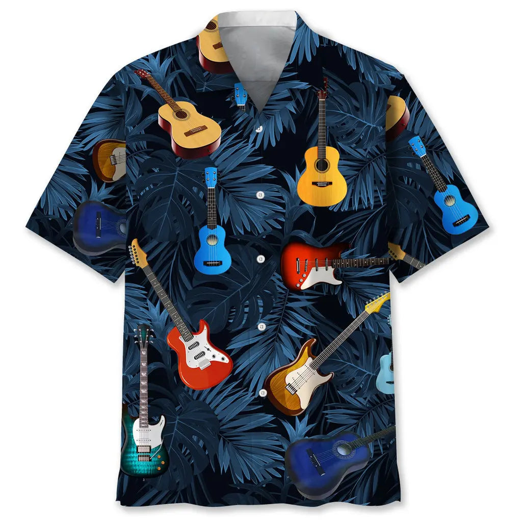Tropical Guitar Hawaiian Shirt For Coastal Travel, Casual Events, And Comfortable Summer Wear
