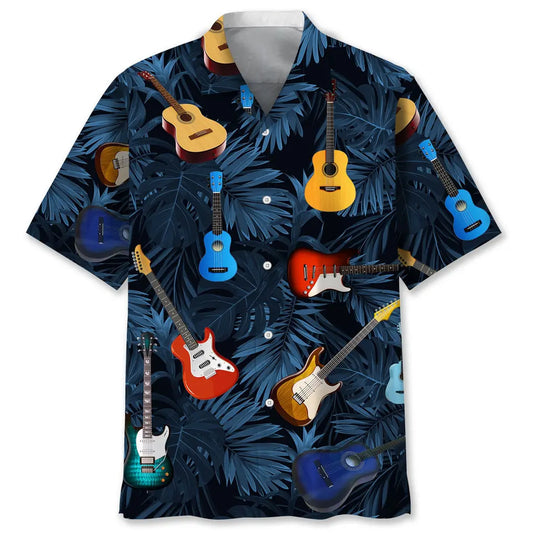 Tropical Guitar Hawaiian Shirt For Coastal Travel, Casual Events, And Comfortable Summer Wear