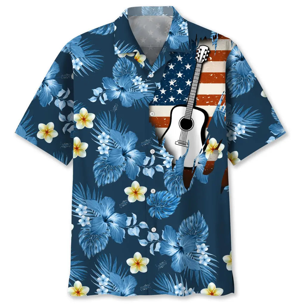 American Tropical Guitar Blue Hawaiian Shirt For Summer Celebrations, Resort Days, And Relaxed Everyday Wear