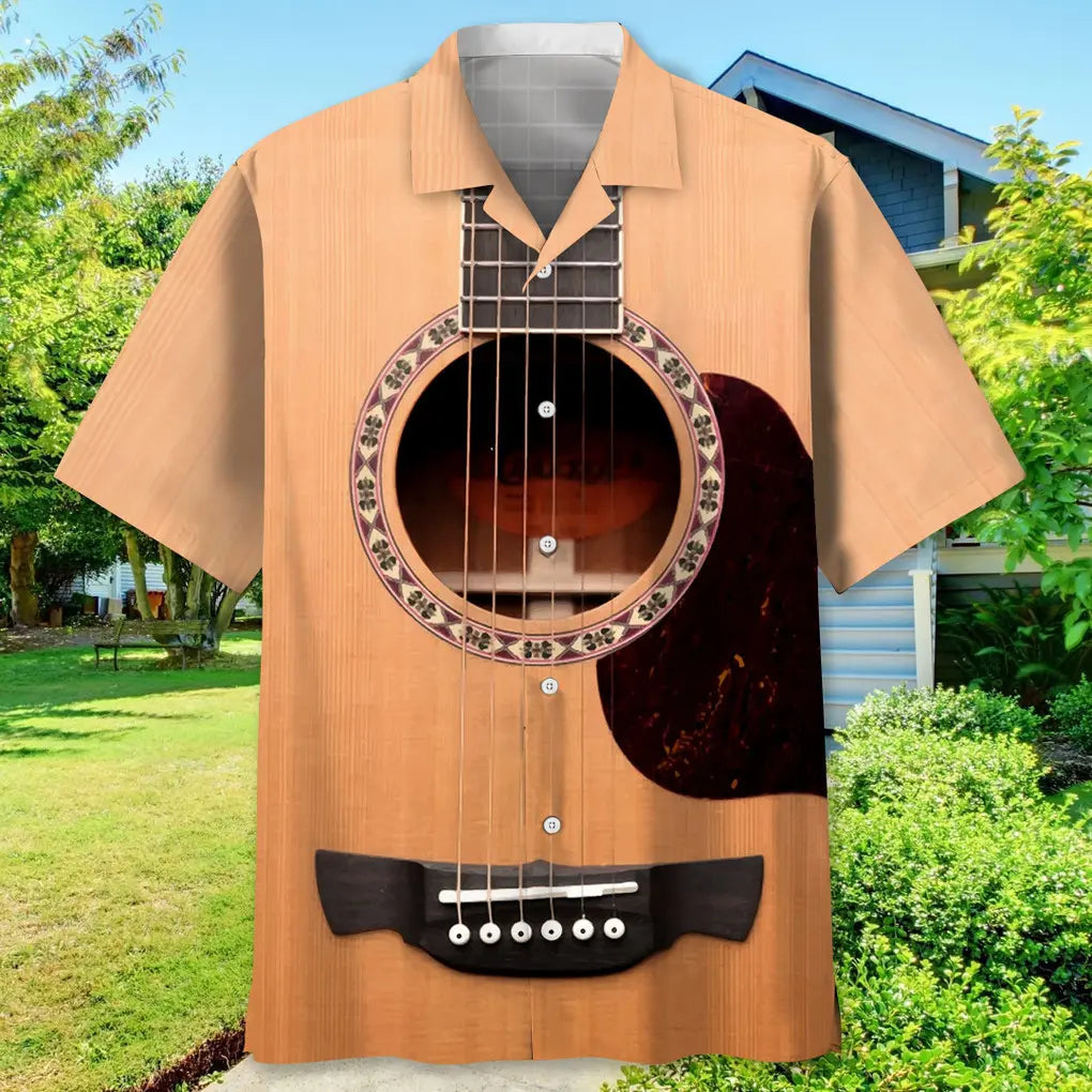 Vintage Guitar Hawaiian Shirt For Resort Trips, Coastal Parties, And Warm Weather Style