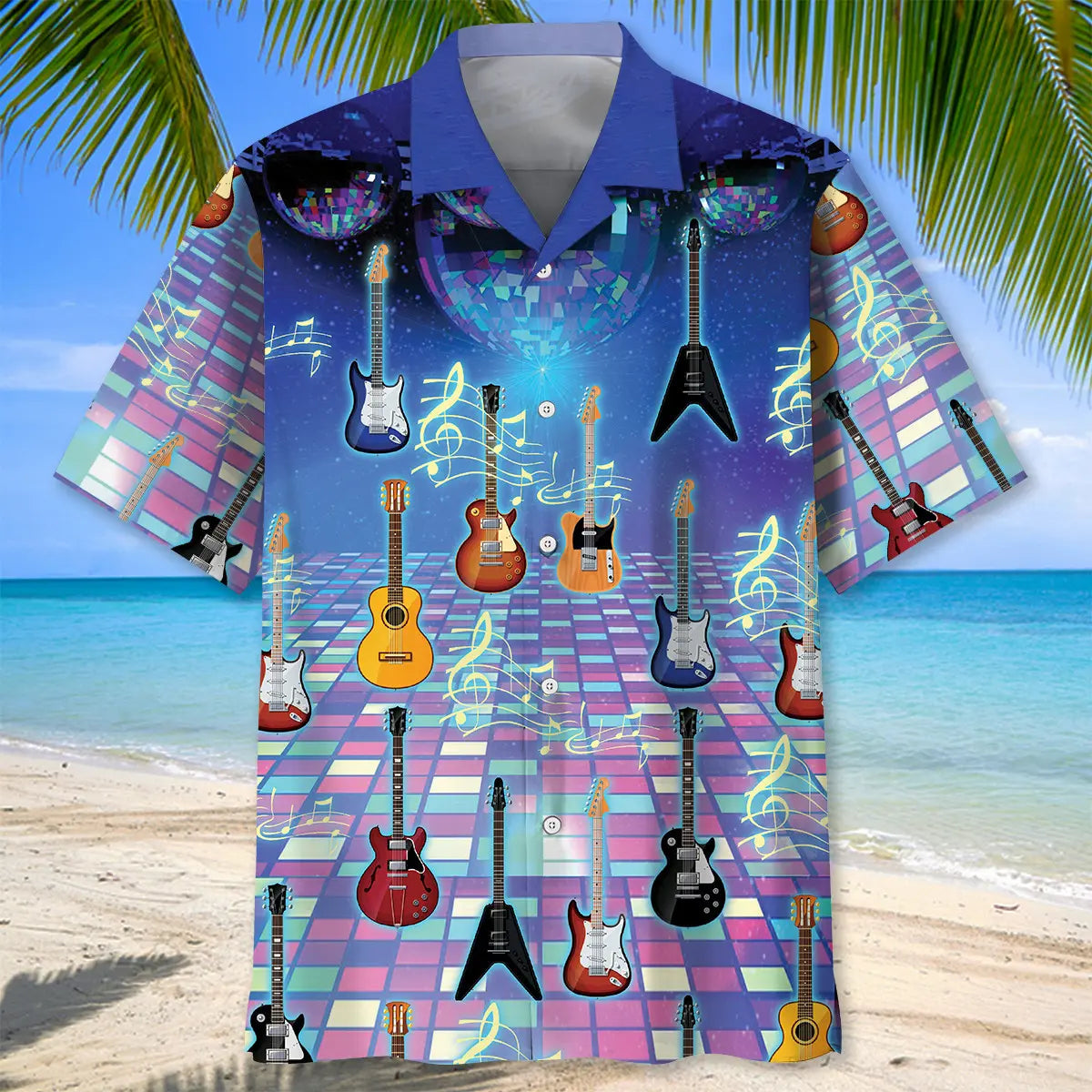 Colorful Guitars Hawaiian Shirt For Summer Vacation, Beach Travel, And Casual Wear