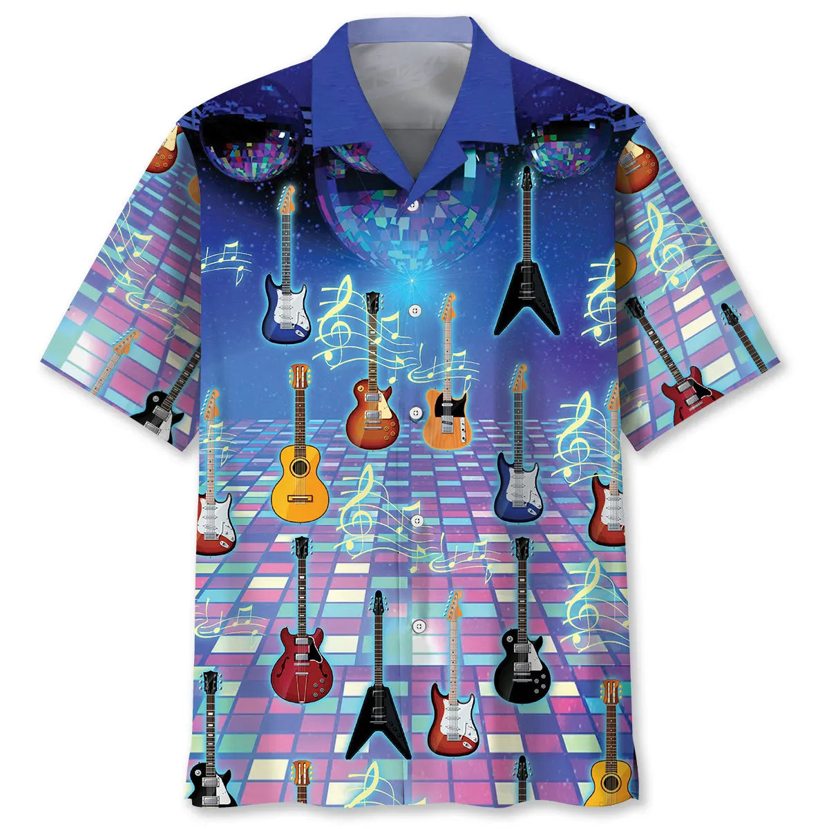 Colorful Guitars Hawaiian Shirt For Summer Vacation, Beach Travel, And Casual Wear