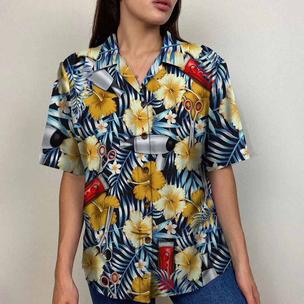 Floral Island Summer Hairstylist Aloha Tools Pattern Hawaiian Shirt For Summer Vacation, Beach Travel, And Casual Wear