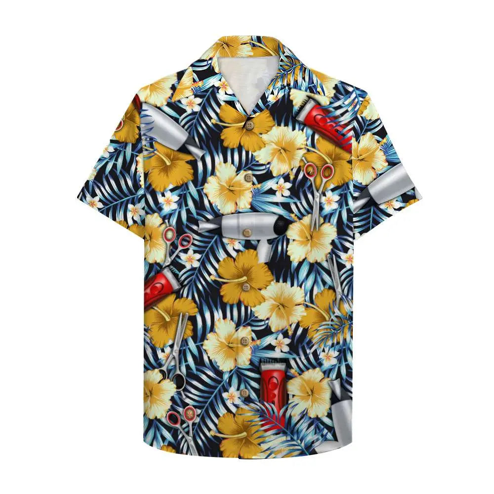 Floral Island Summer Hairstylist Aloha Tools Pattern Hawaiian Shirt For Summer Vacation, Beach Travel, And Casual Wear