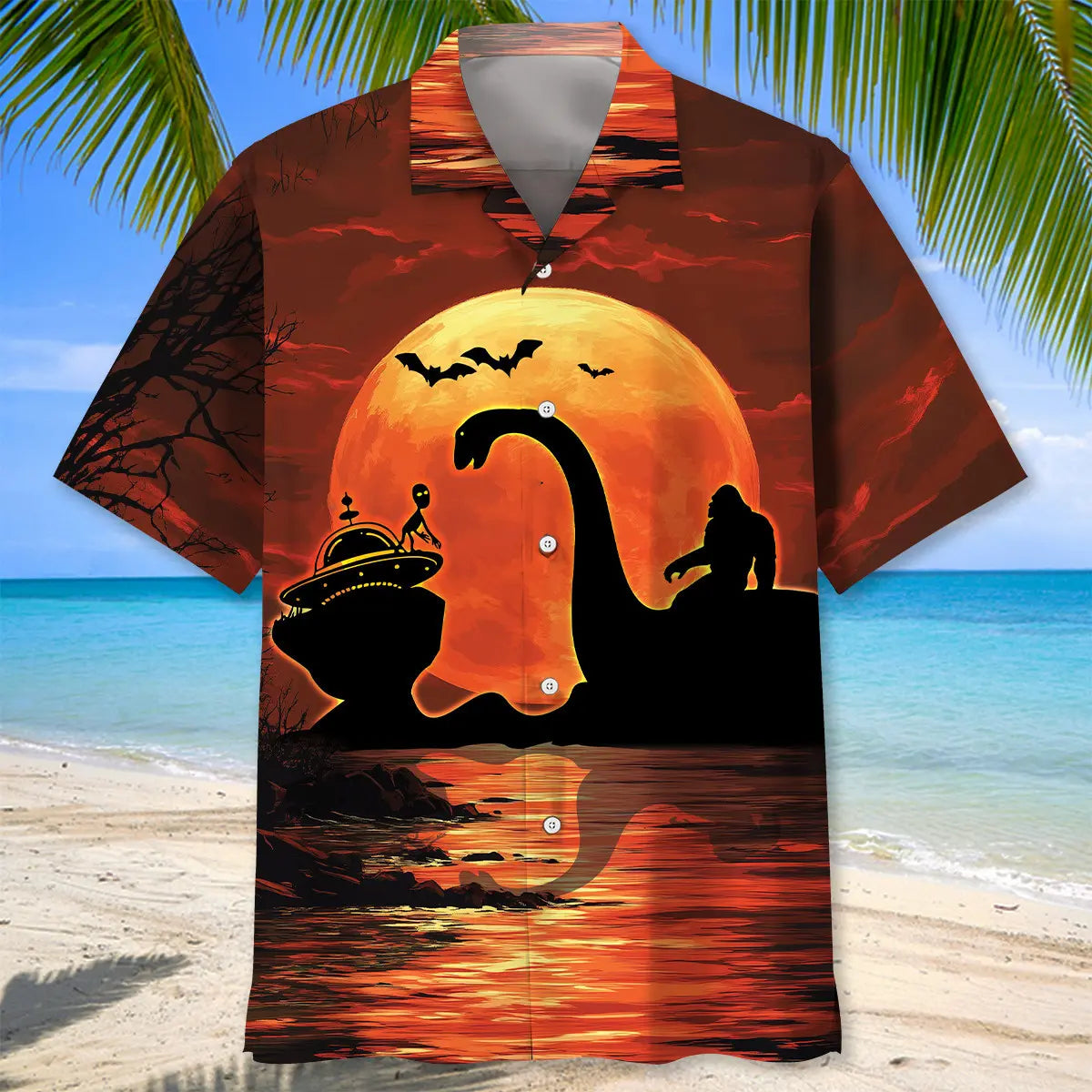Halloween Bigfoot Riding Lake Monster Alien Hawaiian Shirt For Summer Vacation, Beach Travel, And Casual Wear