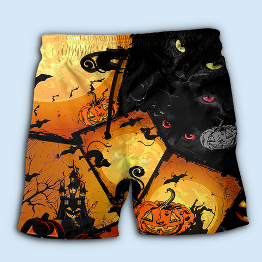 Black Cat Halloween Night Beach Shorts Pattern Detail For Sunny Outdoor Activities