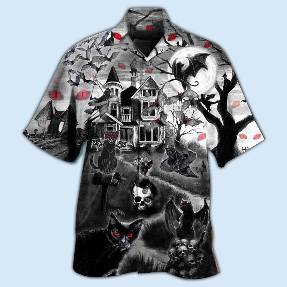 Black Cat Halloween Flying Horror Night Hawaiian Shirt Artwork View For Weekend Travel And Beach Style