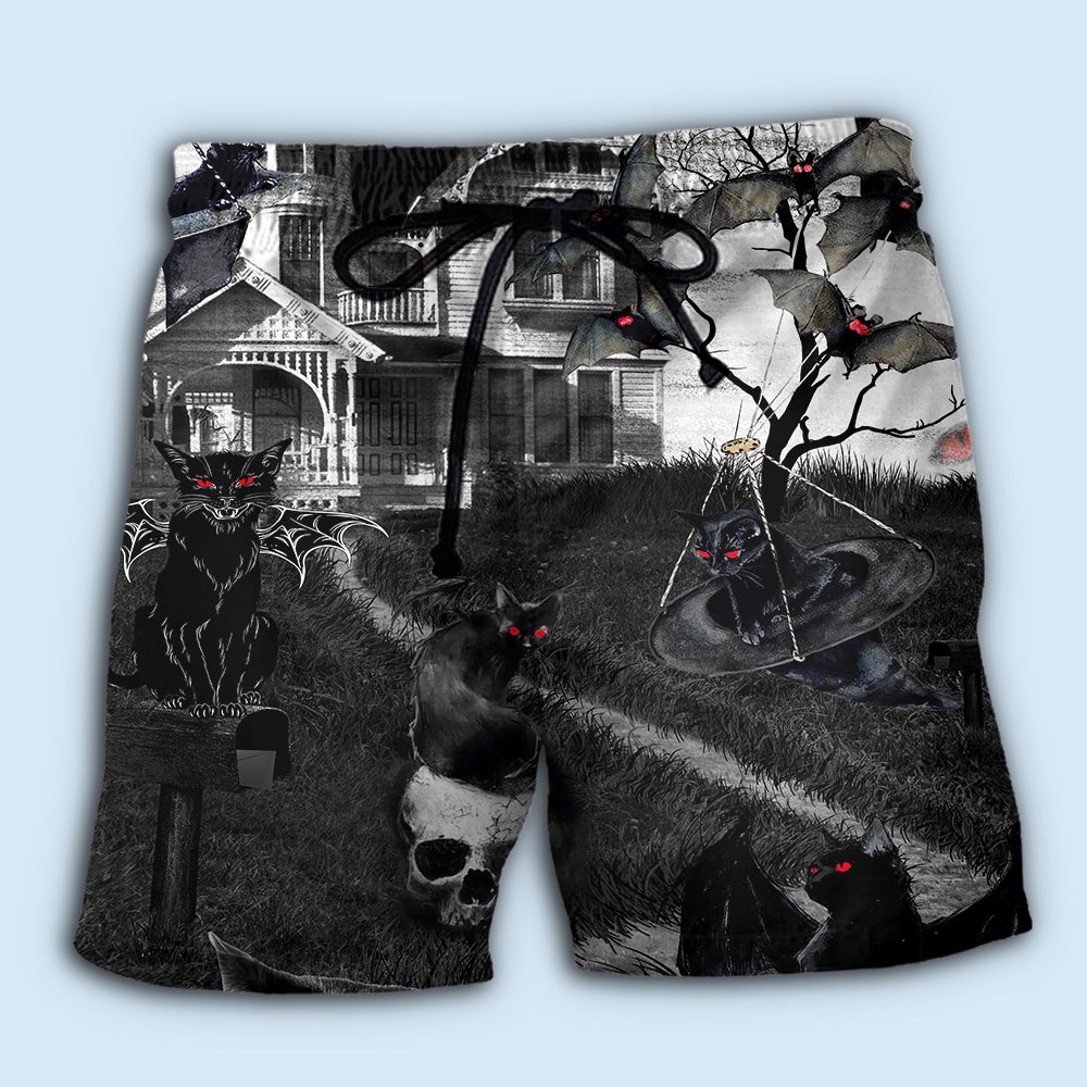 Flying Cats Spooky Night Beach Shorts Artwork View For Seaside Trips And Casual Style