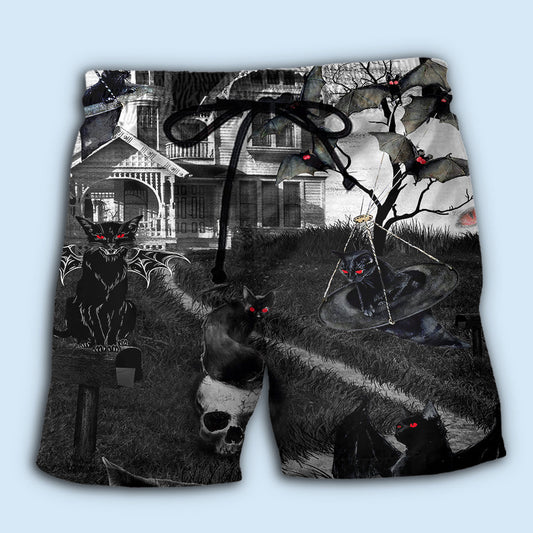 Flying Cats Spooky Night Beach Shorts Artwork View For Seaside Trips And Casual Style