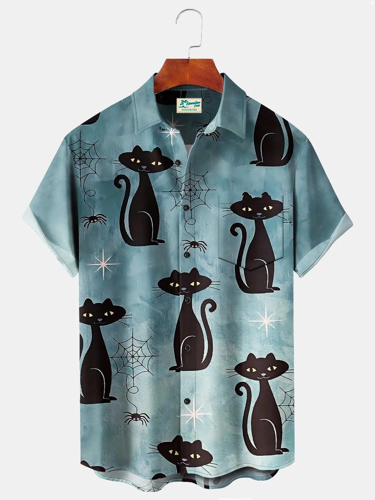 Halloween Island Light Blue Black Cat Shirts Spider Hawaiian Shirt For Summer Vacation, Beach Travel, And Casual Wear