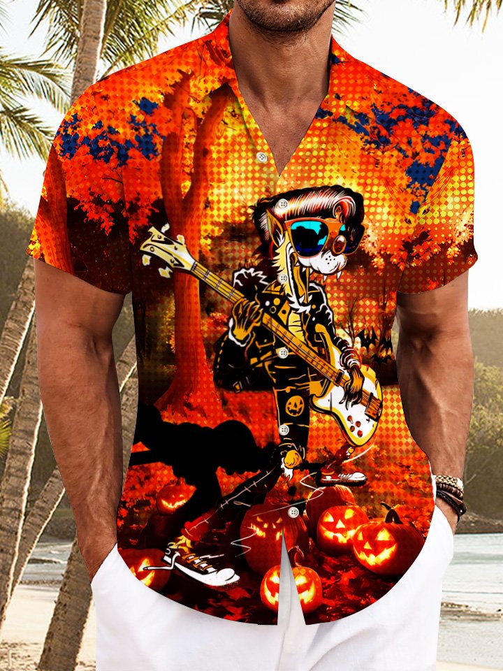 Halloween Pumpkin Guitar Men's Button Button Casual Hawaiian Shirt
