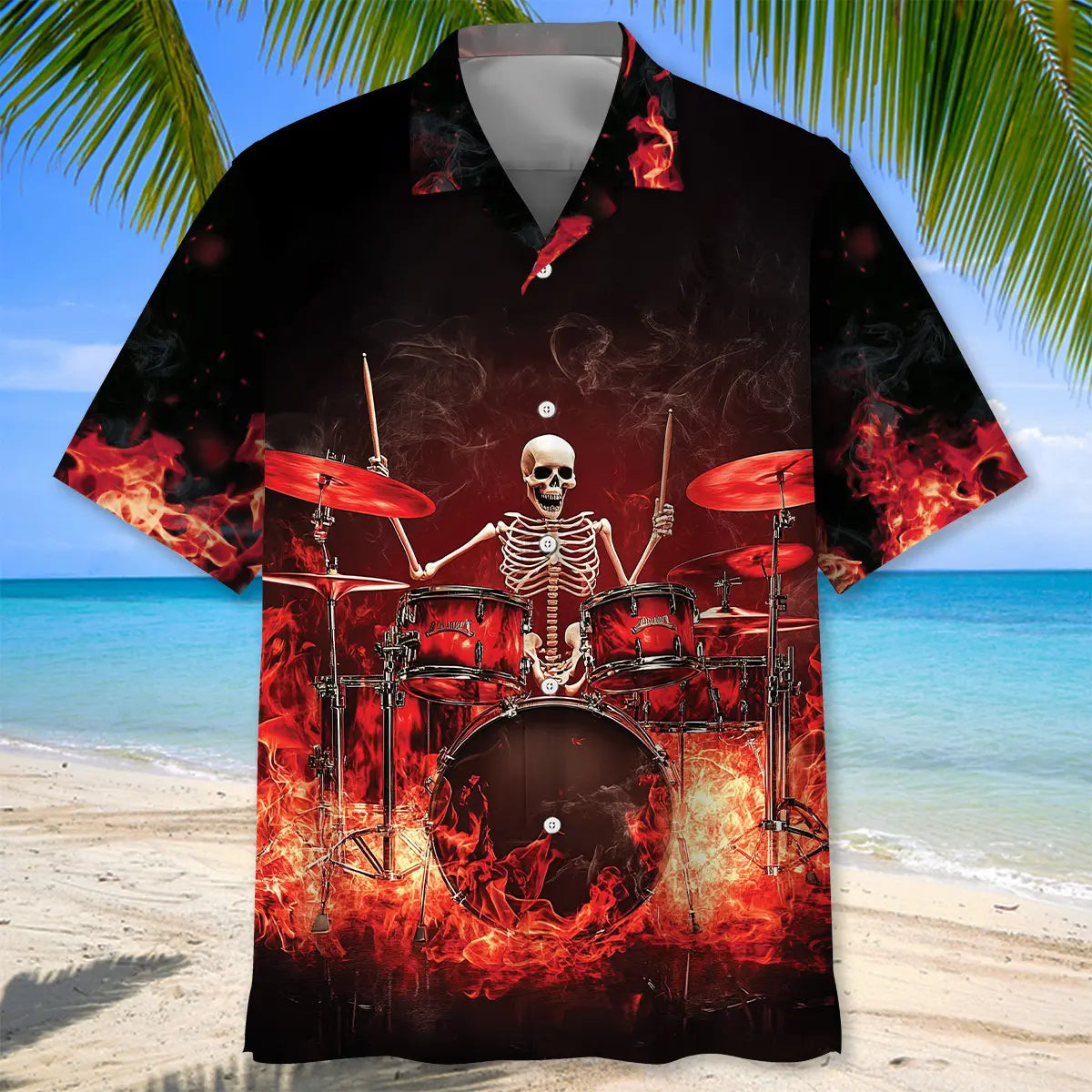 Halloween Racing Drum Set Fire Hawaiian Shirt For Tropical Holidays, Outdoor Gatherings, And Everyday Comfort