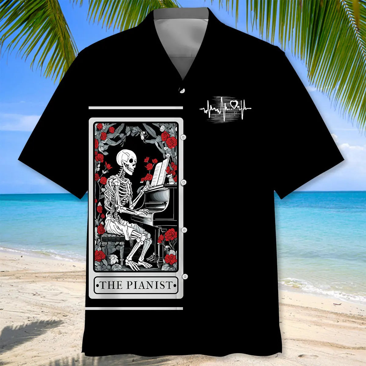 Halloween Skeleton Plays Piano Tarot Card Hawaiian Shirt For Costume Parties, Summer Travel, And Distinctive Casual Wear