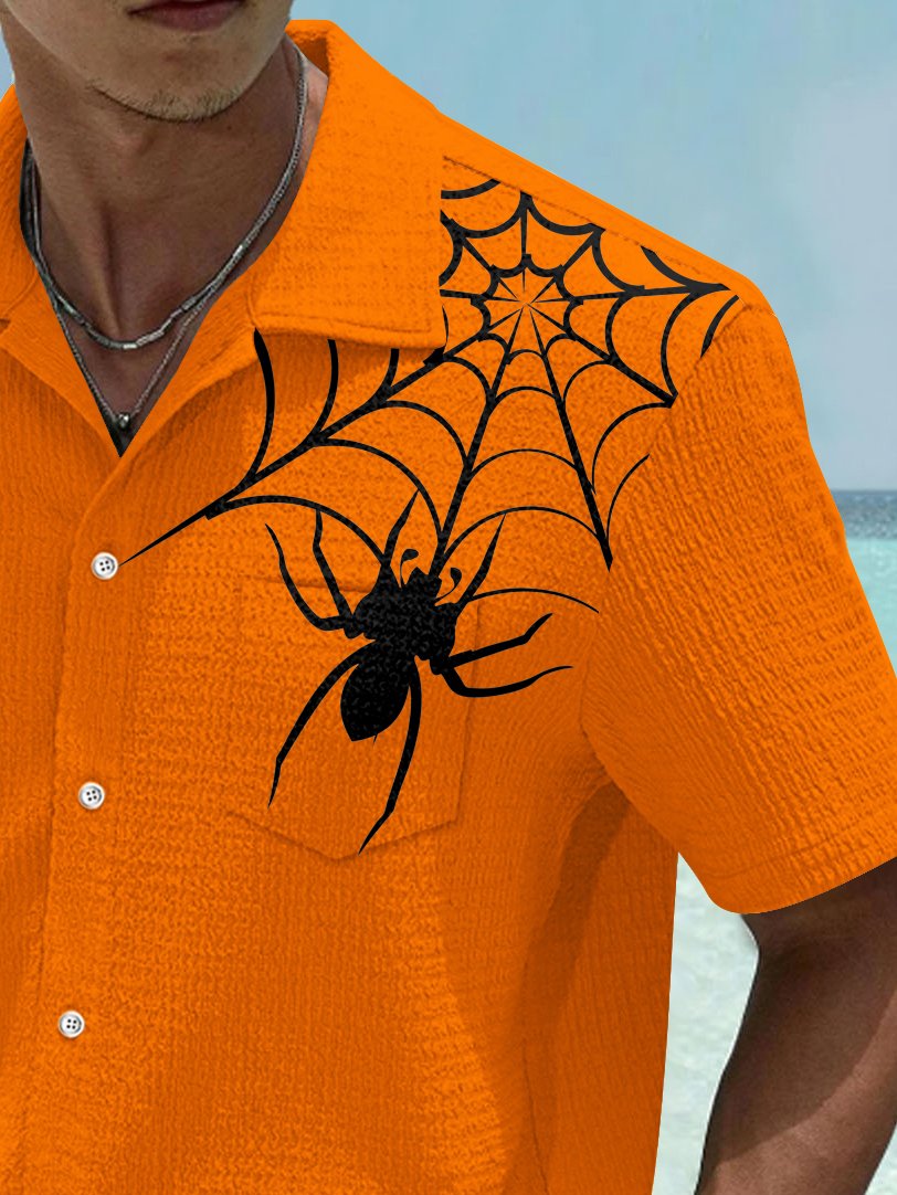 Halloween Spider Seersucker Hawaiian Shirt For Costume Parties, Summer Travel, And Distinctive Casual Wear