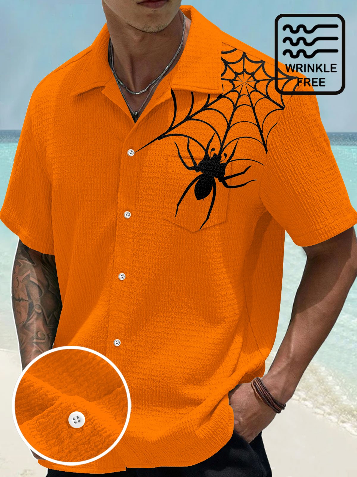 Halloween Spider Seersucker Hawaiian Shirt For Costume Parties, Summer Travel, And Distinctive Casual Wear