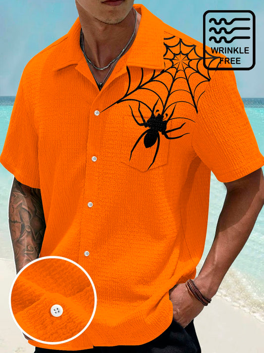 Halloween Spider Seersucker Hawaiian Shirt For Costume Parties, Summer Travel, And Distinctive Casual Wear