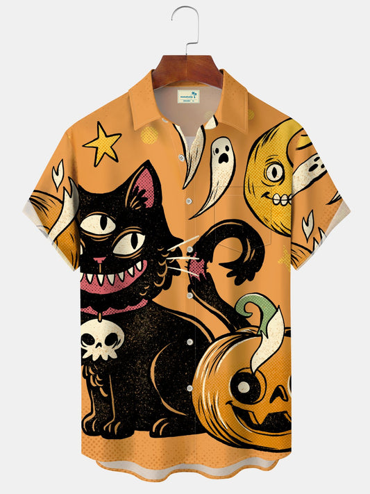 Halloween Vintage Cat Pumpkin Holiday Hawaiian Shirt For Coastal Travel, Casual Events, And Comfortable Summer Wear