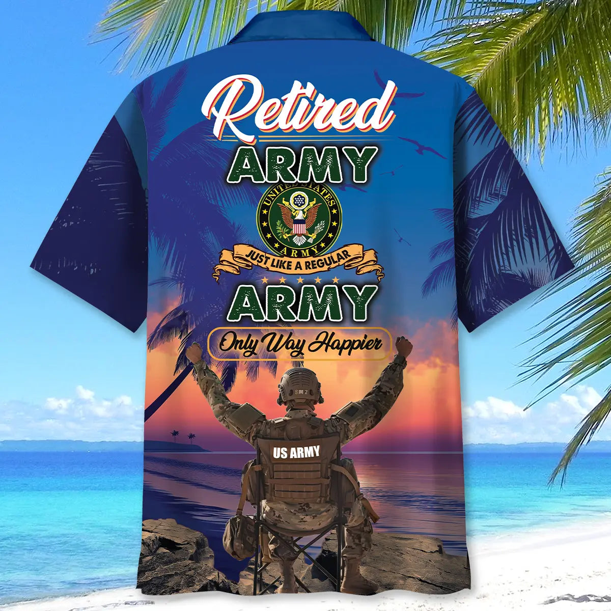 Military Service Retirement Hawaiian Shirt For Warm Weather Outing, Summer Gathering, And Coastal Casual Wear