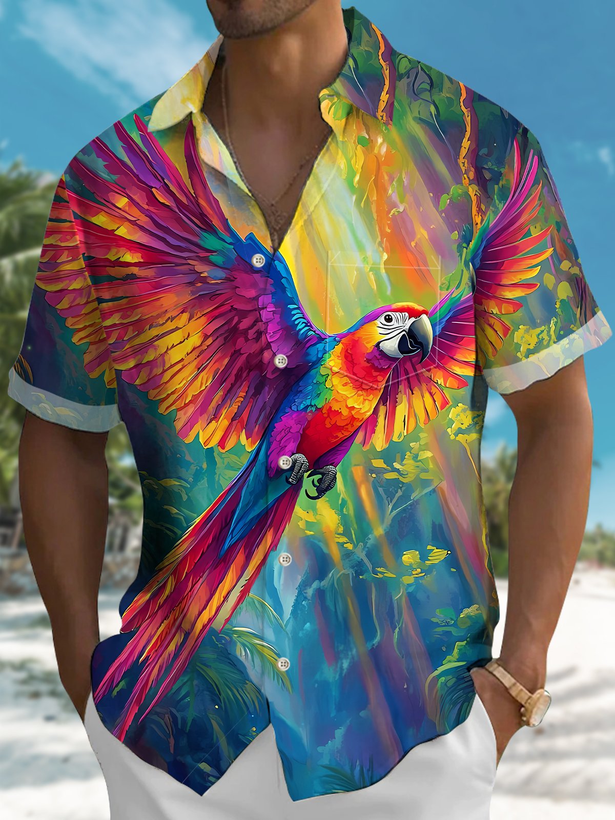 Colorful Tropical Hawaii Beach Leaves Parrot Hawaiian Shirt For Summer Vacation, Beach Travel, And Casual Wear