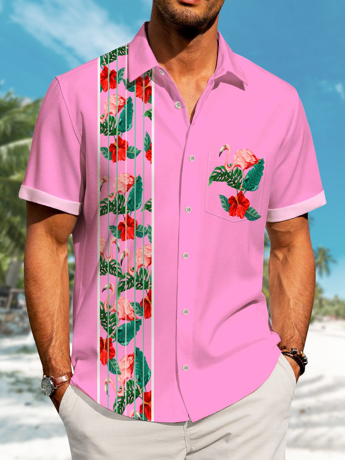 Creative Colorful Hawaii Flamingo Plant Contrast Hawaiian Shirt For Animal Lovers, Beach Travel, And Casual Summer Style
