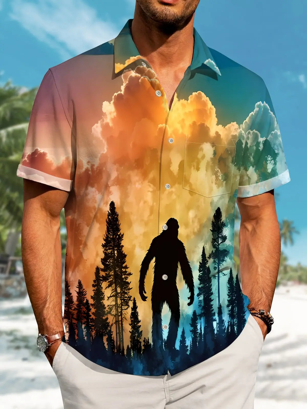 Creative Hawaii Resort Bigfoot Silhouette Hawaiian Shirt For Summer Vacation, Beach Travel, And Casual Wear