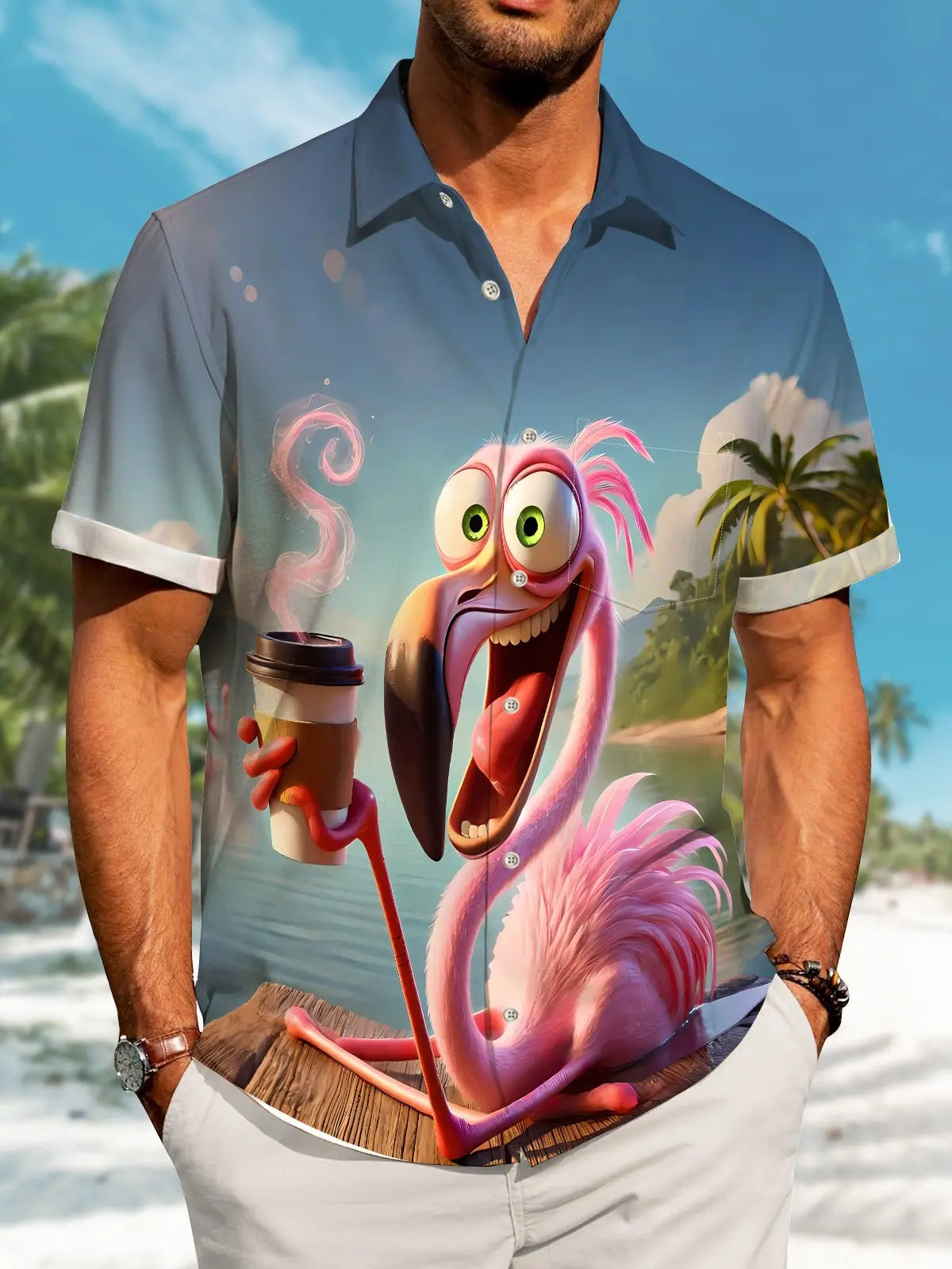 Creative Hawaii Resort Flamingo Drinking Coffee Hawaiian Shirt For Summer Vacation, Beach Travel, And Casual Wear