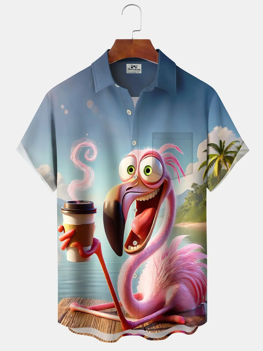 Creative Hawaii Resort Flamingo Drinking Coffee Hawaiian Shirt For Summer Vacation, Beach Travel, And Casual Wear