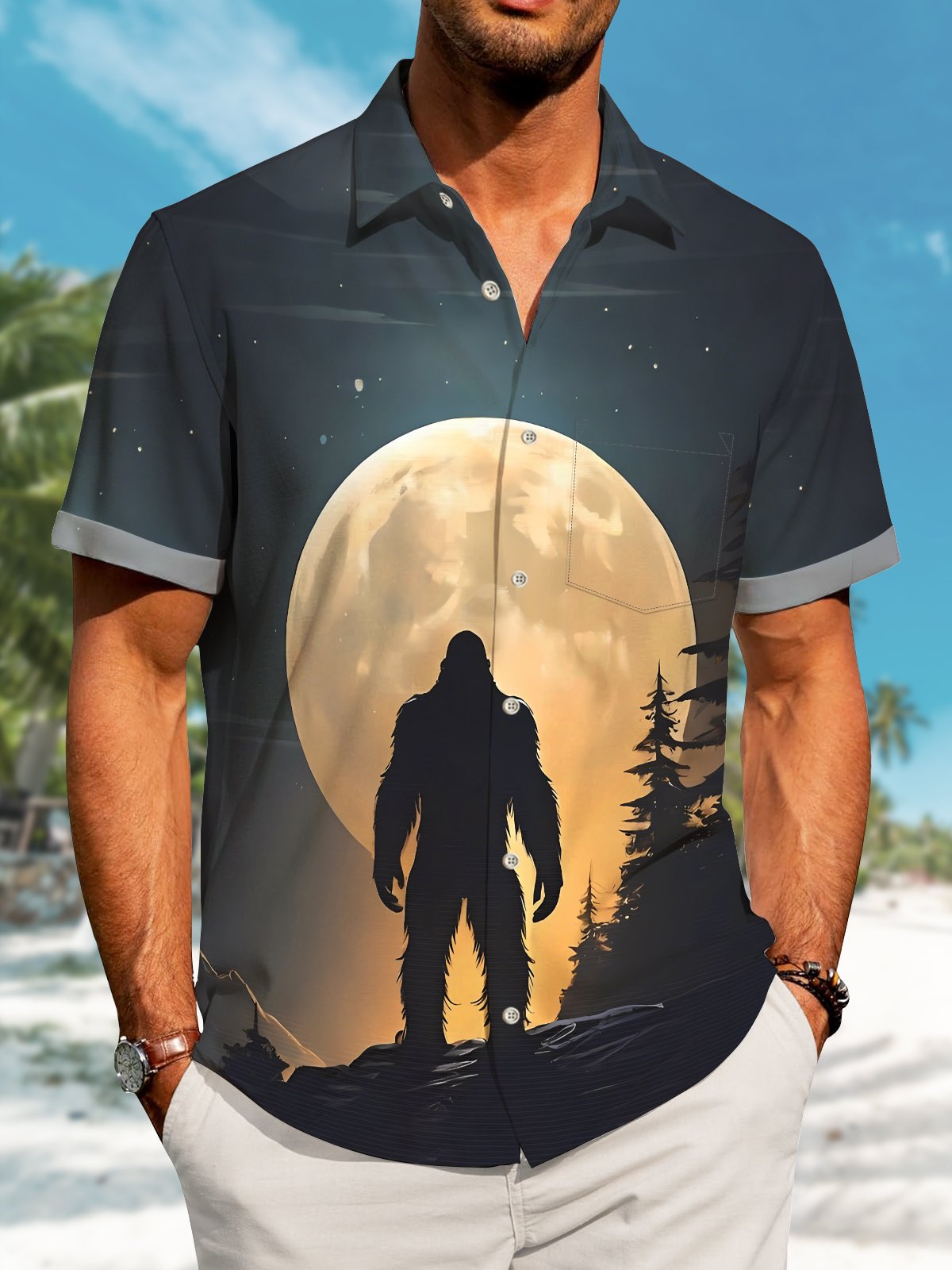 Vintage Creative Hawaii Bigfoot Sunset Silhouette Hawaiian Shirt For Summer Vacation, Beach Travel, And Casual Wear