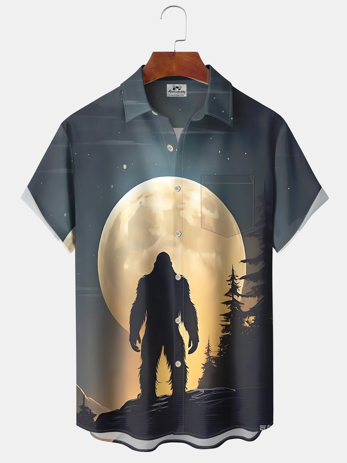 Vintage Creative Hawaii Bigfoot Sunset Silhouette Hawaiian Shirt For Summer Vacation, Beach Travel, And Casual Wear