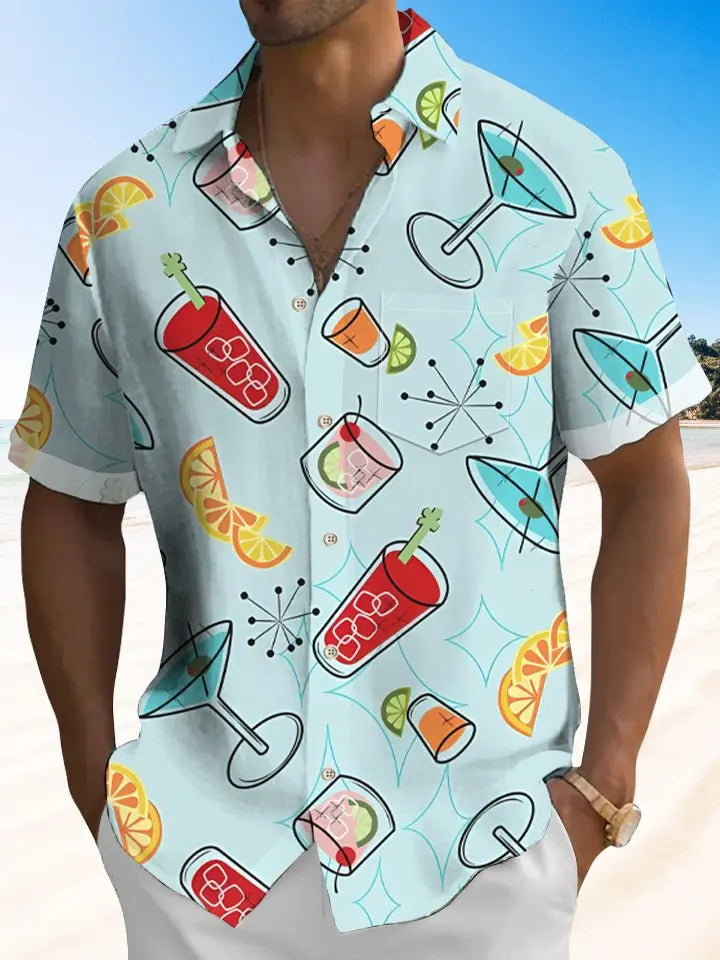 Island Aloha Tiki Cocktail Hawaiian Shirt For Creative Adventures, Beach Travel, And Bold Warm Weather Wear