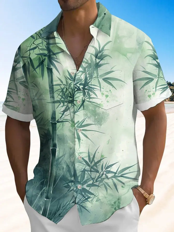 Plant Bamboo Ink Gradient Hawaiian Shirt For Tropical Holidays, Outdoor Gatherings, And Everyday Comfort