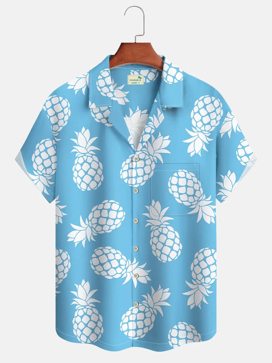 Classic Tropical Island Fruit Aloha Pineapple Camp Hawaiian Shirt For Summer Vacation, Beach Travel, And Casual Wear