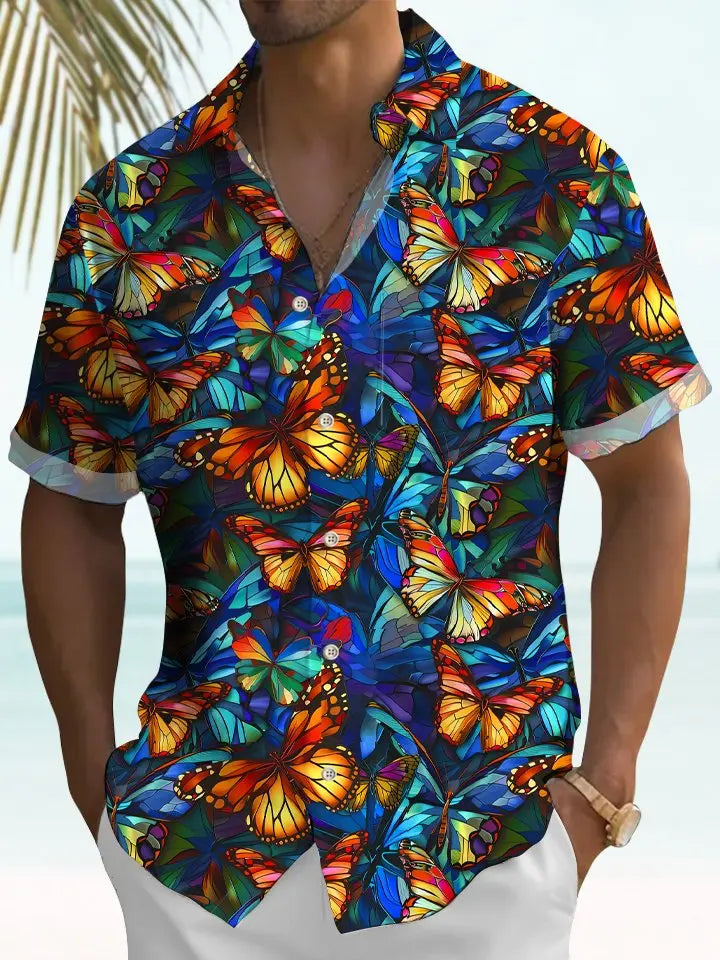 Floral Vacation Gradient Butterfly Hawaiian Shirt For Summer Vacation, Beach Travel, And Casual Wear