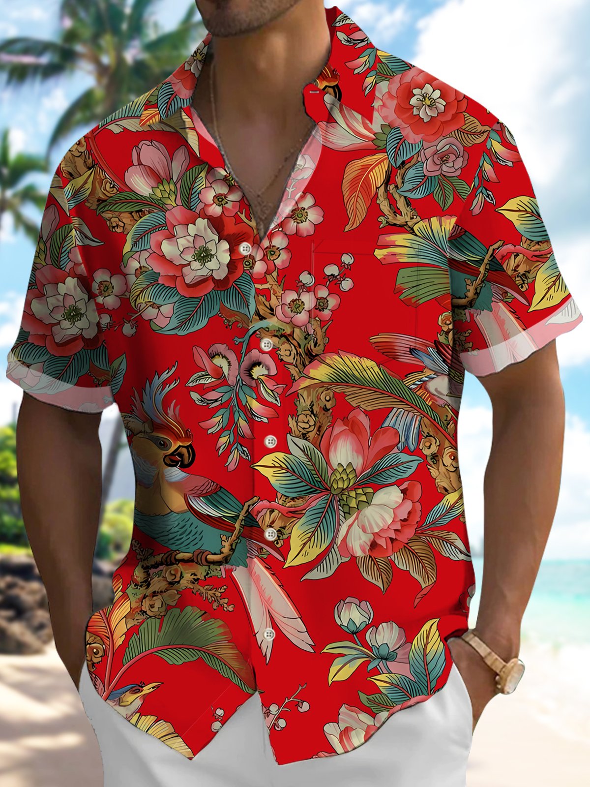 Vintage Floral Tropical Parrot Leaves Vacation Hawaiian Shirt For Summer Vacation, Beach Travel, And Casual Wear