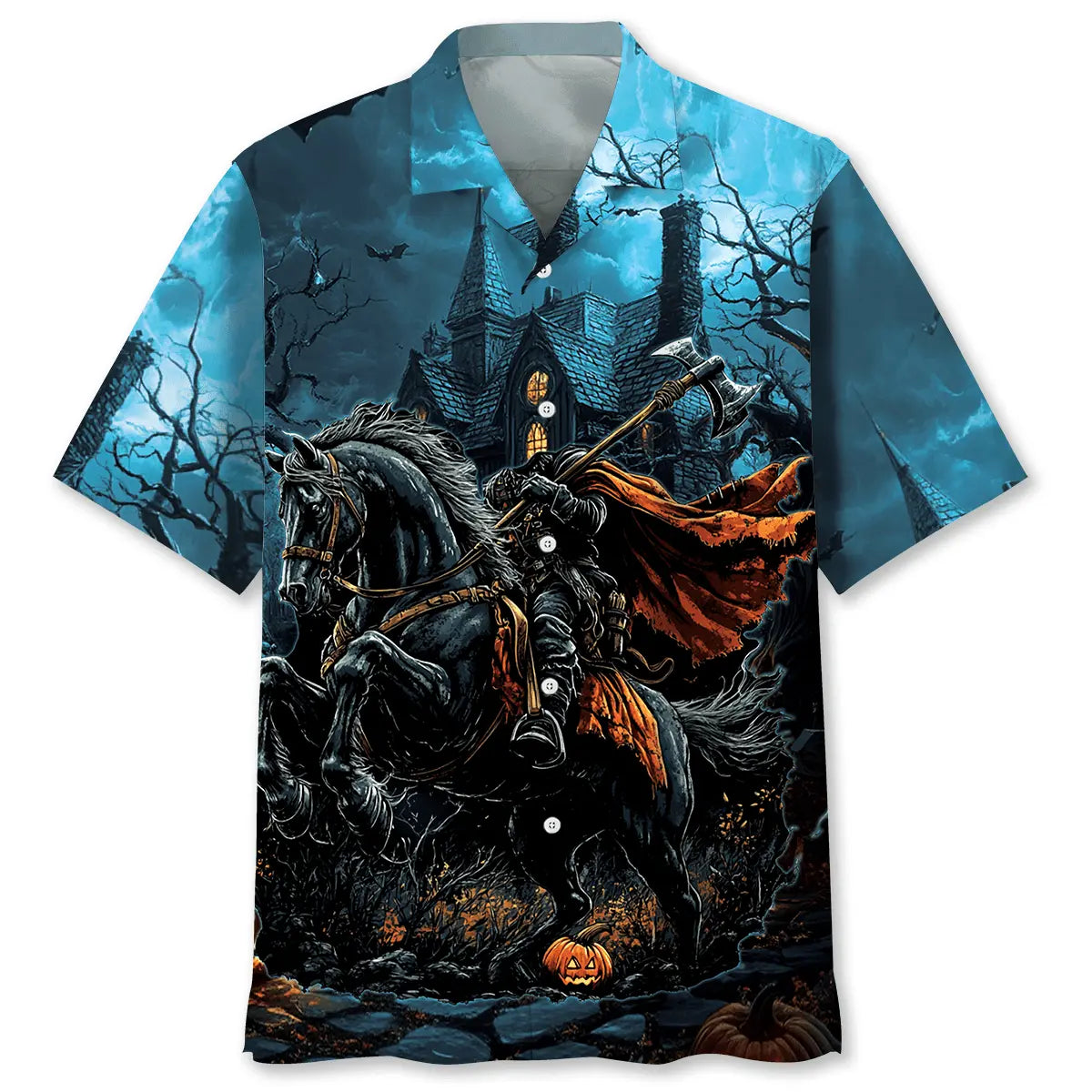 Halloween Headless Horseman Hawaiian Shirt For Spooky Events, Resort Travel, And Creative Warm Weather Wear