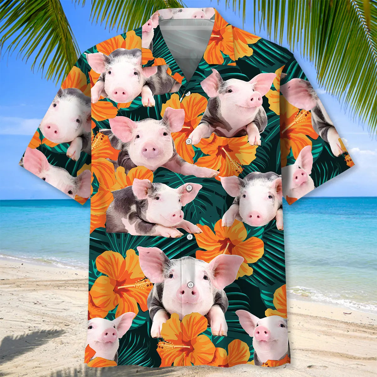 Floral Hibiscus Pig Hawaiian Shirt For Island Vacations, Resort Wear, And Relaxed Seasonal Style