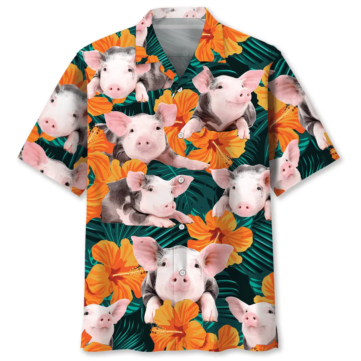 Floral Hibiscus Pig Hawaiian Shirt For Island Vacations, Resort Wear, And Relaxed Seasonal Style